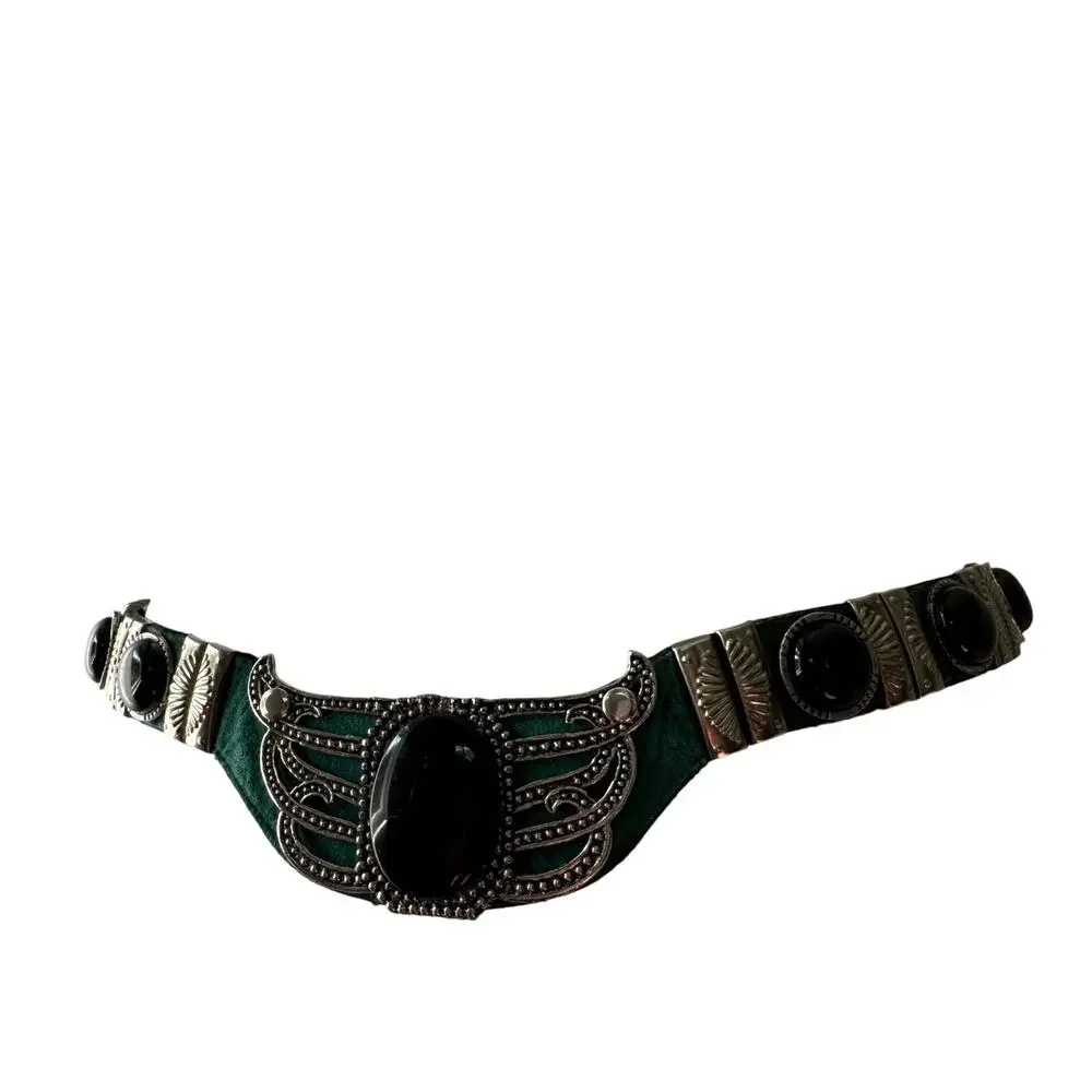 Vintage ‘90s Leatherock Green Leather Belt w/ Black Stone & Silver Detail